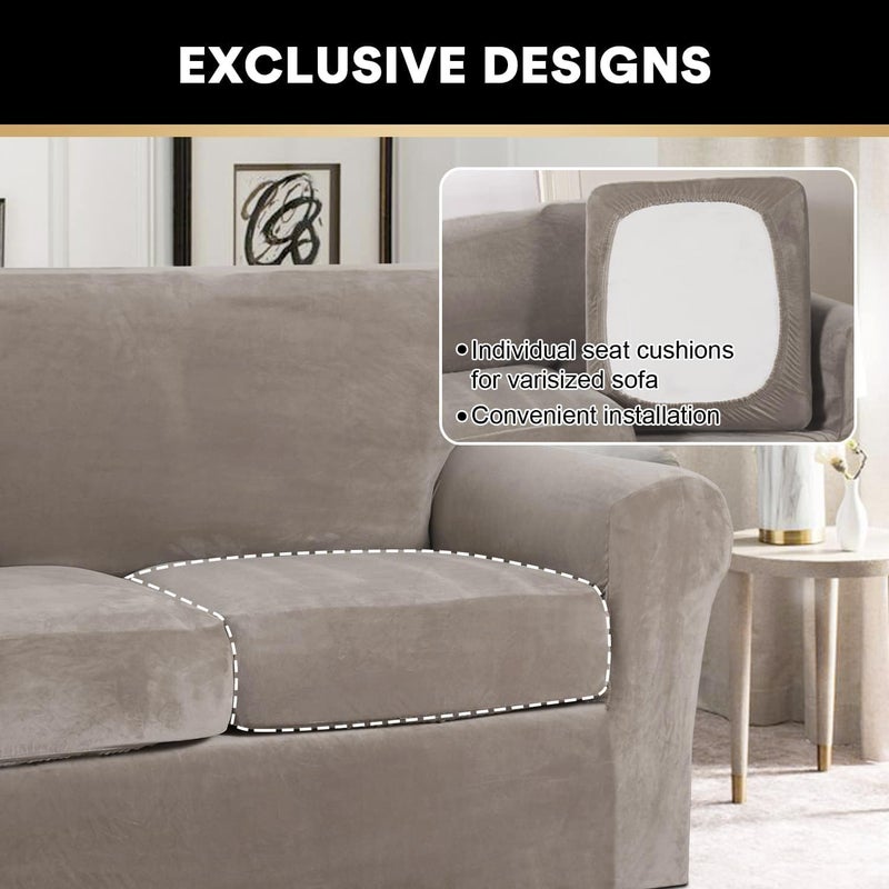 PrinceDeco Velvet Couch Covers for Sofa Soft 4 Pieces Couch Covers for 3 Cushion Couch Sofa Pet Friendly Furniture Protector with Non Slip Elastic Bottom Width Up to 90 Inch(Large, Taupe) - Image 5